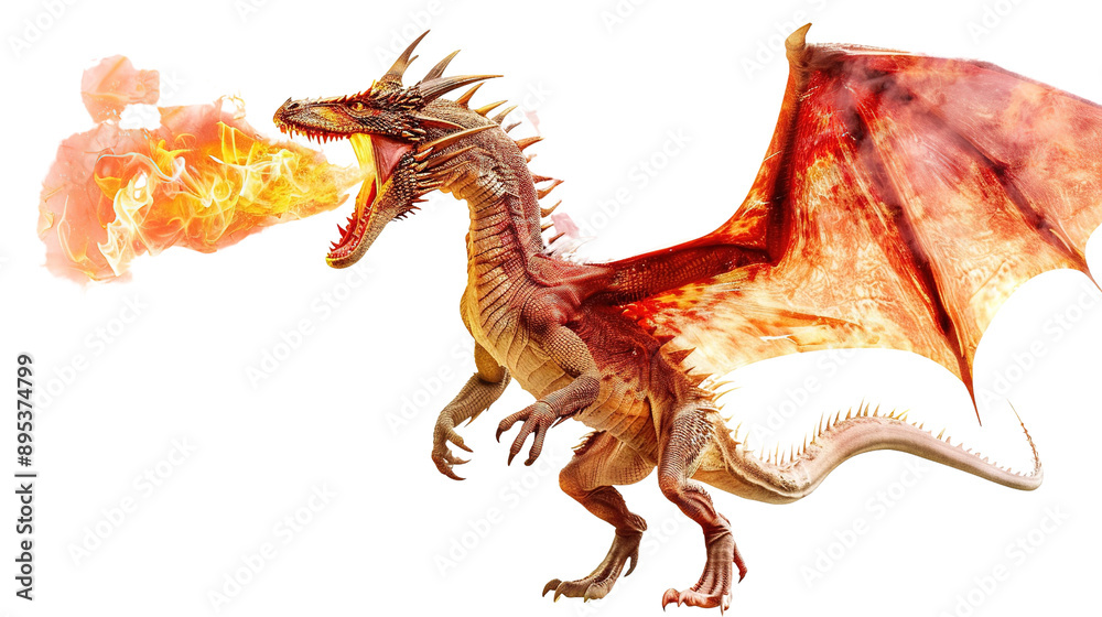 Obraz premium Fire breathing dragon isolated on white background.