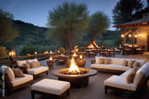 Wallpaper Mural Romantic wooden tables and chairs patio offer dining with stunning views at summer Torontodigital.ca