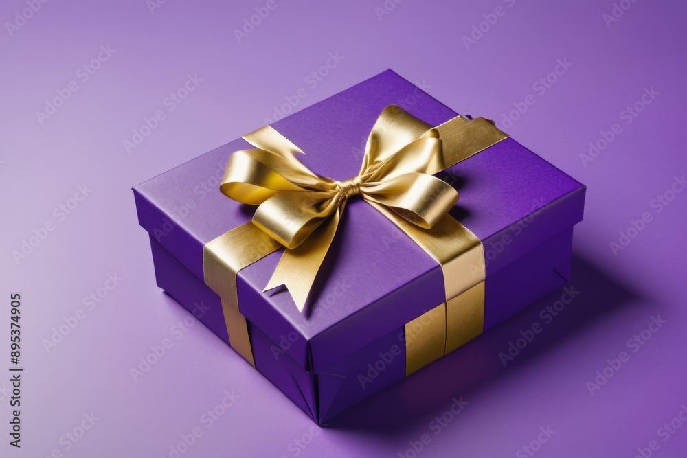 Purple gift box with gold satin ribbon isolated on solid purple background Purple gift box with gold satin ribbon isolated on solid purple background