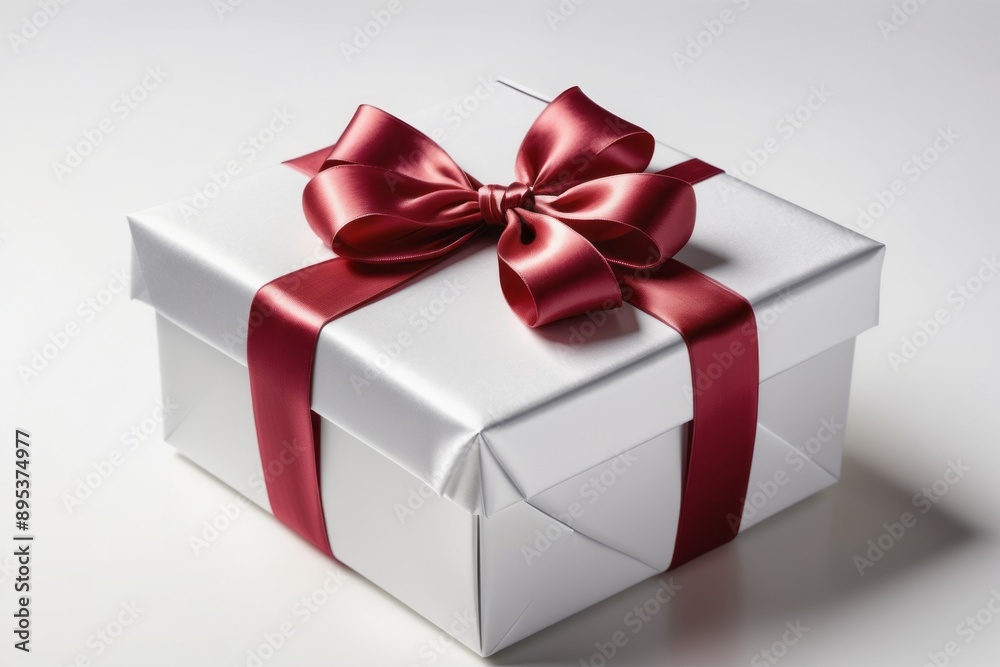 Isolated white gift box with red ribbon bow perfect for holiday present or birthday surprise