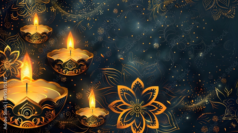 Ornate Diwali diyas and golden floral mandala on dark blue background Ornate Diwali diyas and golden floral mandala on dark blue background