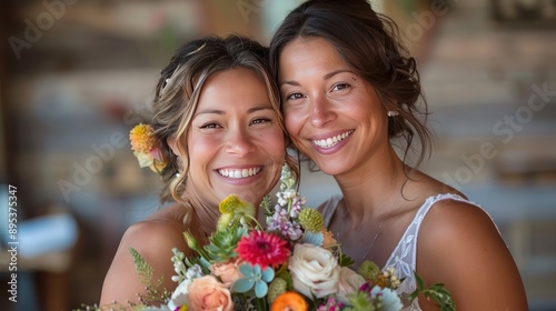 A mother and daughter portrait of a couple outdoors photo