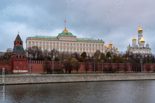 View of the building of the Grand Kremlin Palace, the Annunciation Tower and the ensemble of the Kremlin Cathedral Square from the embankment of the Moskva River, Moscow, Russia