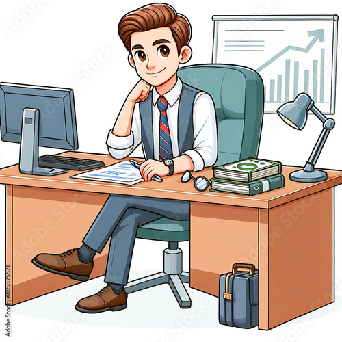Happy businessman is sitting at desktop. Work the computer, financial analytics. Office worker or company employee. Front and back side. Vector illustration in cartoon style
