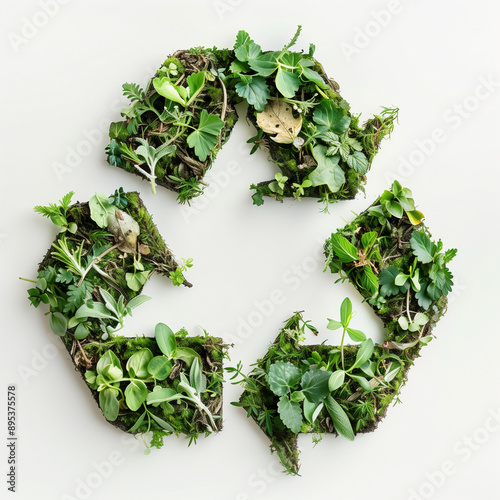 a recycling symbol made from various green plants and foliage arranged on a white background.