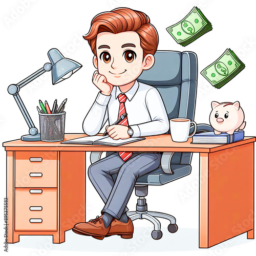 Happy businessman is sitting at desktop. Work the computer, financial analytics. Office worker or company employee. Front and back side. Vector illustration in cartoon style
