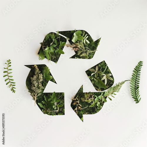 a recycling symbol made from various green plants and foliage arranged on a white background.