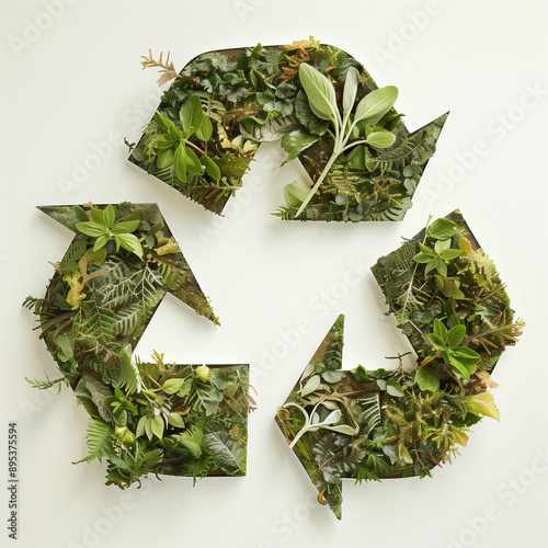 a recycling symbol made from various green plants and foliage arranged on a white background.
