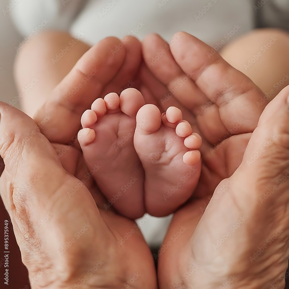 The father is holding his newborn baby's feet. Parenthood Concept The father is holding his newborn baby's feet. Parenthood Concept