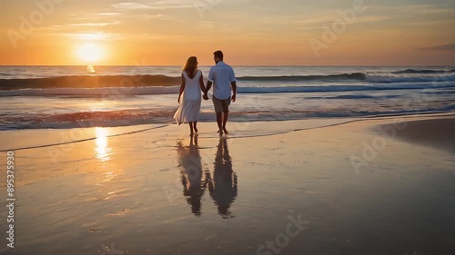 Romantic Beach Walk Animation. Couple Walking on the Beach at Sunset with White Sand, Gentle Waves, and Orange Skies. Dynamic. Feel the Romance of Beach Walks in This Dynamic Video. photo