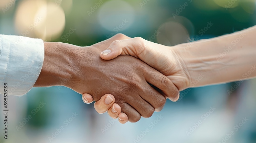 Two hands of different skin tones clasped together in a firm handshake. Two hands of different skin tones clasped together in a firm handshake.