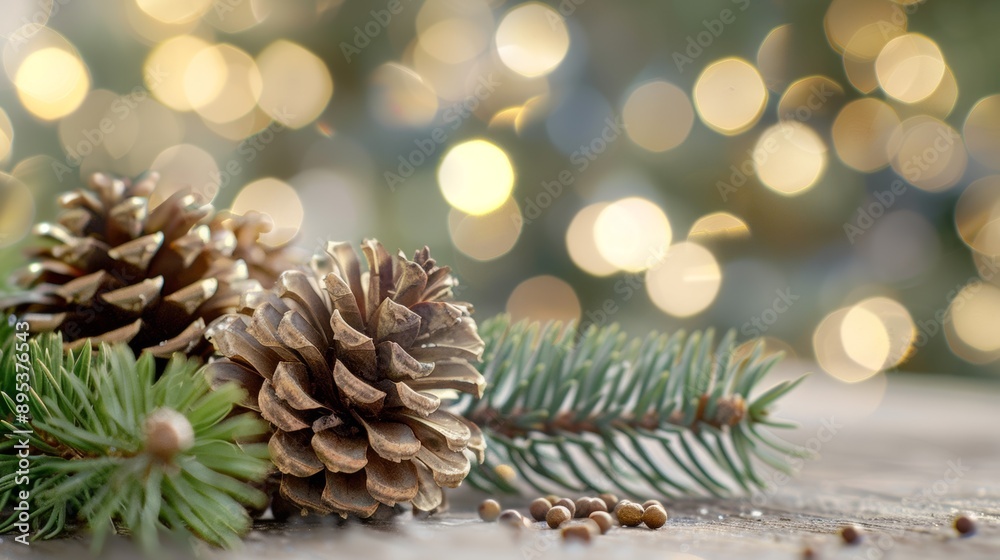 A close up of two pine cones on a wooden surface A close up of two pine cones on a wooden surface