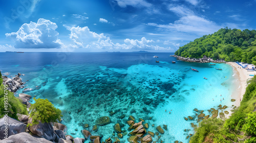 Panorama of beautiful beach and blue sky in Similan islands near Phuket, Thailand. Vacation summer holidays background. Panoramic view of nice tropical beach in Thailand.