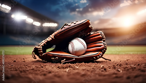 A baseball in a baseball glove on a baseball field