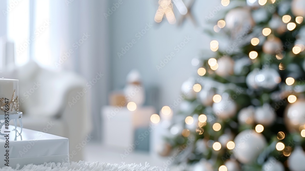 A Christmas tree with lights and ornaments is in a room with a white couch A Christmas tree with lights and ornaments is in a room with a white couch
