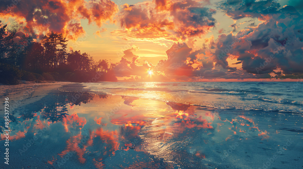 Serene Fusion - Double Exposure of Vibrant Sunset at Beach and Tranquil Forest for Design with Copyspace Serene Fusion - Double Exposure of Vibrant Sunset at Beach and Tranquil Forest for Design with Copyspace