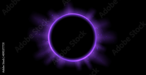 Purple planet eclipse concept. Solar light rays and glare effect. Glowing sun crown in dark space. Earth halo with blazing edge. Vector illustration design for poster, banner, cover, brochure, booklet