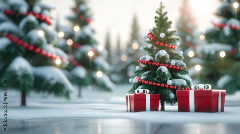 A Christmas tree with red and white lights and a red box with a white bow on top A Christmas tree with red and white lights and a red box with a white bow on top