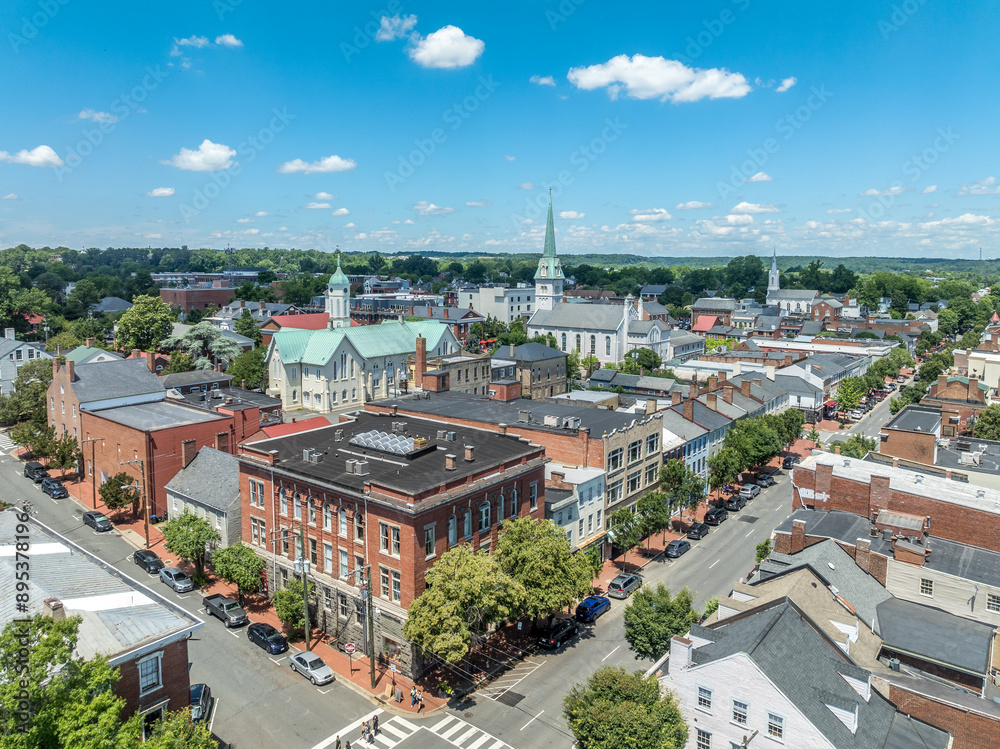 Aerial view Fredericksburg Virginia with Circuit Court building , historic business district, Baptist church, Chatham bridge over Rappahannock River
