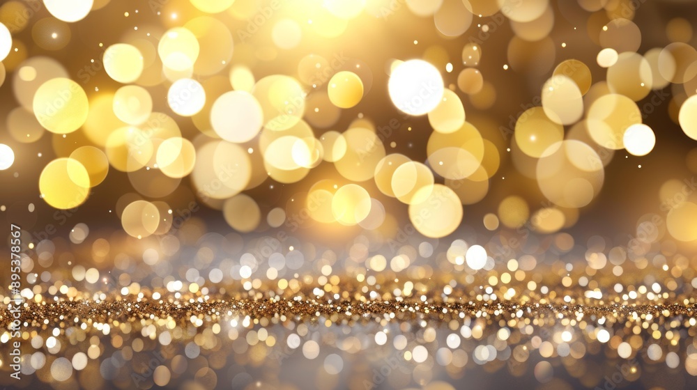 A blurry image of gold and silver glitter with a dark background