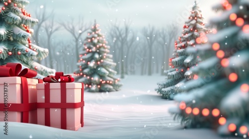 A Christmas scene with two red boxes and two trees