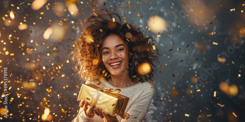 A joyful woman is seen celebrating with a gift surrounded by sparkling confetti. She expresses happiness and excitement in a festive and cheerful moment, filled with joy and magic photo