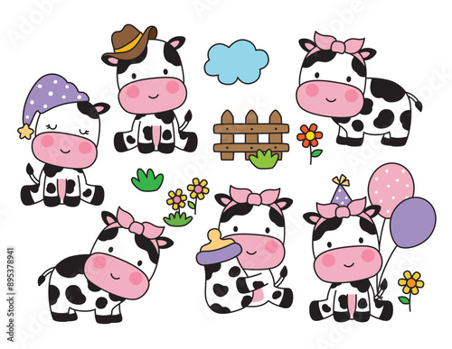 Vector illustration of cute baby girl cow cartoon in various poses.