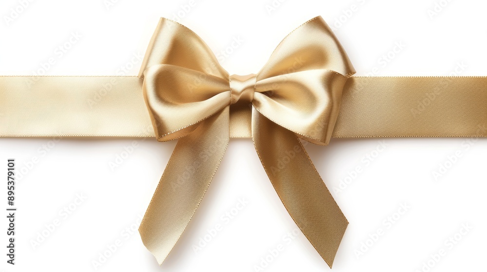 A gold ribbon with a bow is shown on a white background A gold ribbon with a bow is shown on a white background