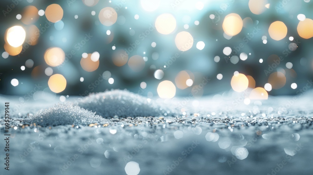 A snowy landscape with a bright blue sky and a few lights in the background