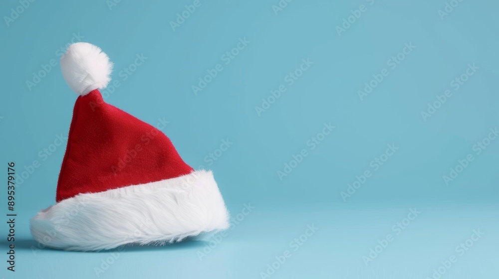 A red and white santa hat is sitting on a blue background A red and white santa hat is sitting on a blue background