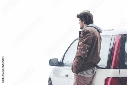 Isolated Man Locked Out of Car with Keys Inside Waiting on Locksmith Light White Background to Arrive Generative Illustration