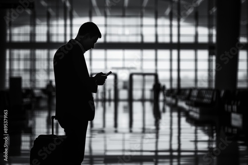 Traveler Black. Businessman Texting on Smartphone in Airport Indoor Making Business Trip