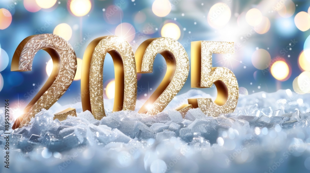 A glittery gold number 2025 is on top of a snowy surface A glittery gold number 2025 is on top of a snowy surface