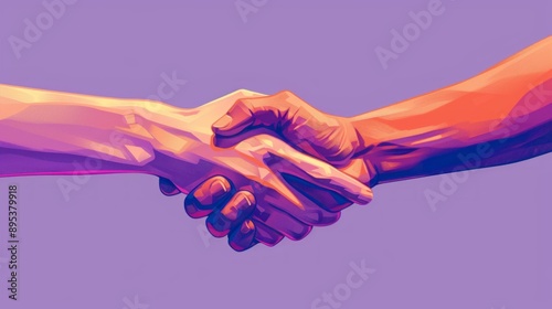 Design a detailed depiction of two hands clasped together in a handshake against a solid purple background.
