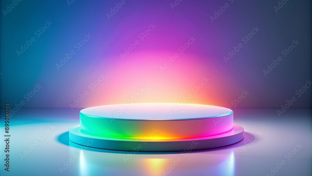 Vibrant gradient pastel colors emanate from a glowing, circular pedestal, casting a radiant aura on a blank, pure white background. Vibrant gradient pastel colors emanate from a glowing, circular pedestal, casting a radiant aura on a blank, pure white background.