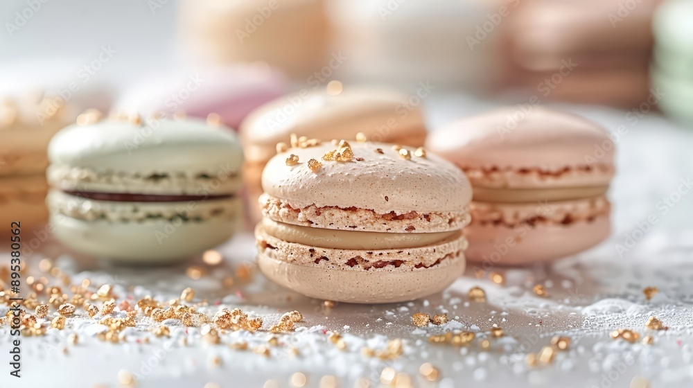 A variety of French macarons in pastel colors, elegant patisserie background, bright and vibrant, highly detailed