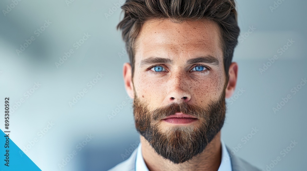 Obraz premium A man with a beard and blue eyes is standing in front of a white wall