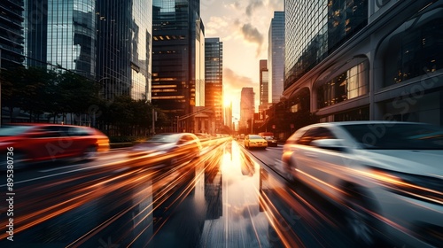 Cityscape with cars in motion blur at sunset. © Photochanu