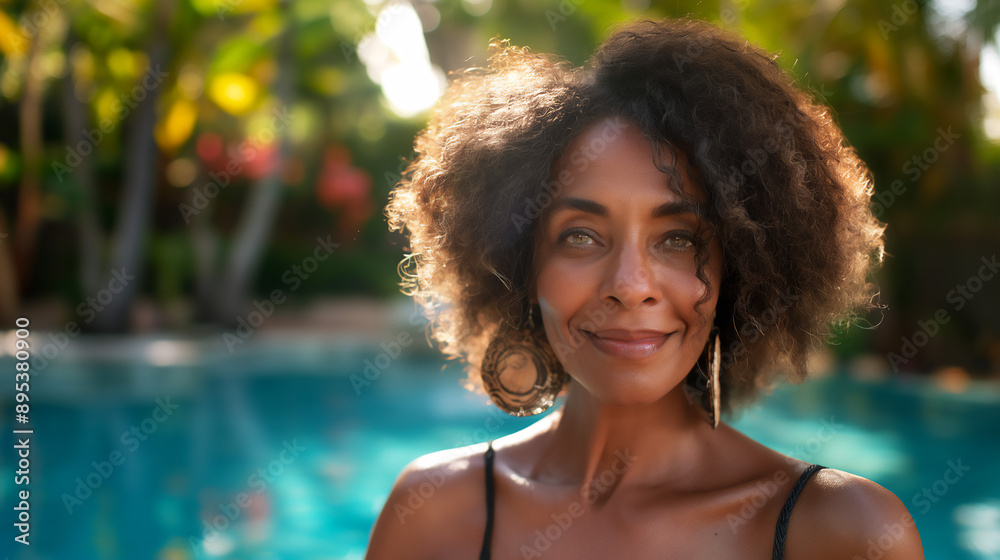 Beautiful mature African-American woman standing poolside in her backyard, copy space Beautiful mature African-American woman standing poolside in her backyard, copy space