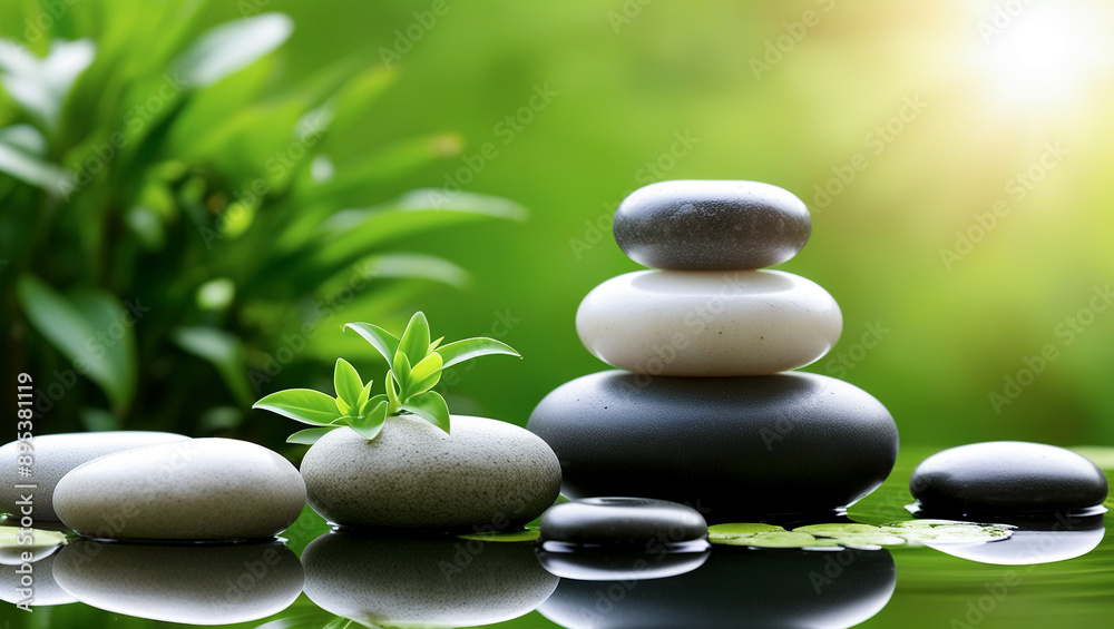 Zen stone and white flower in a spa, Bamboo flower rocks and water background, meditation and relaxation concept background Zen stone and white flower in a spa, Bamboo flower rocks and water background, meditation and relaxation concept background