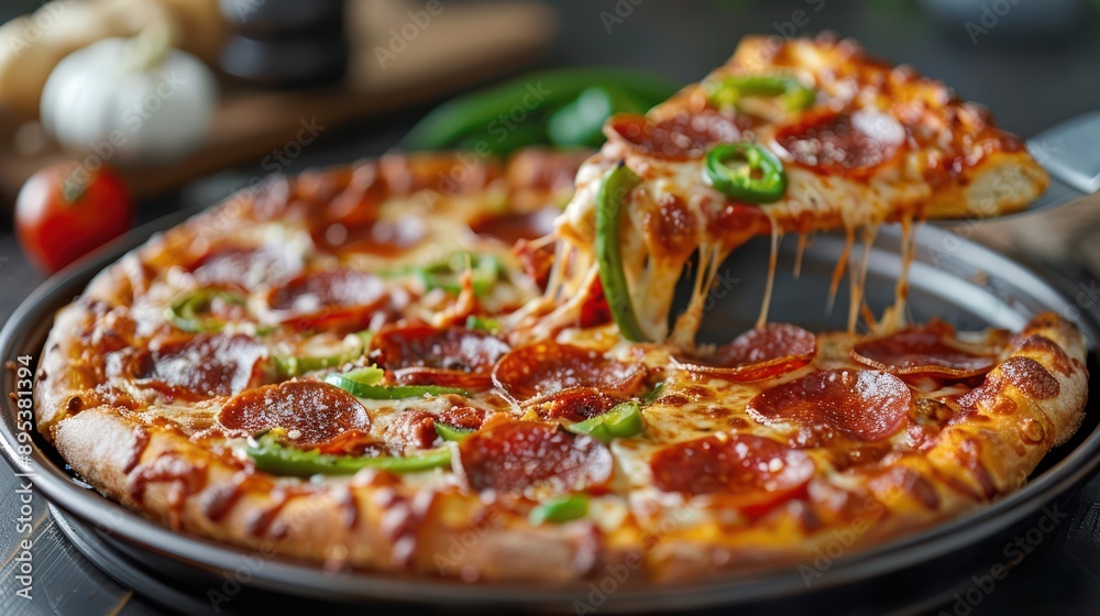 A slice of pepperoni and green pepper pizza being lifted from a round pan A slice of pepperoni and green pepper pizza being lifted from a round pan