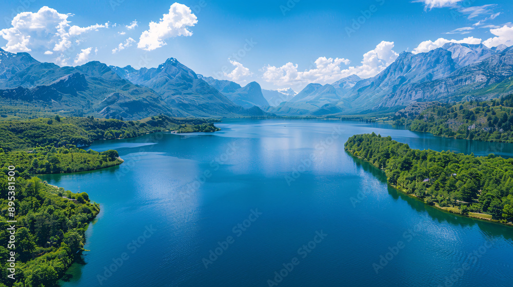 Naklejka premium Serene Reflections: Azure lake nestled amidst majestic mountains under a vibrant sky.