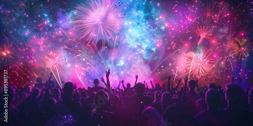 A vibrant fireworks display captivates an enthusiastic crowd celebrating an event with cheer and joy. The spectacle in the nighttime sky is lively and colorful, creating a festive atmosphere