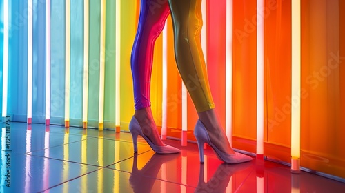 Woman in high heels standing in a colorful neon room photo