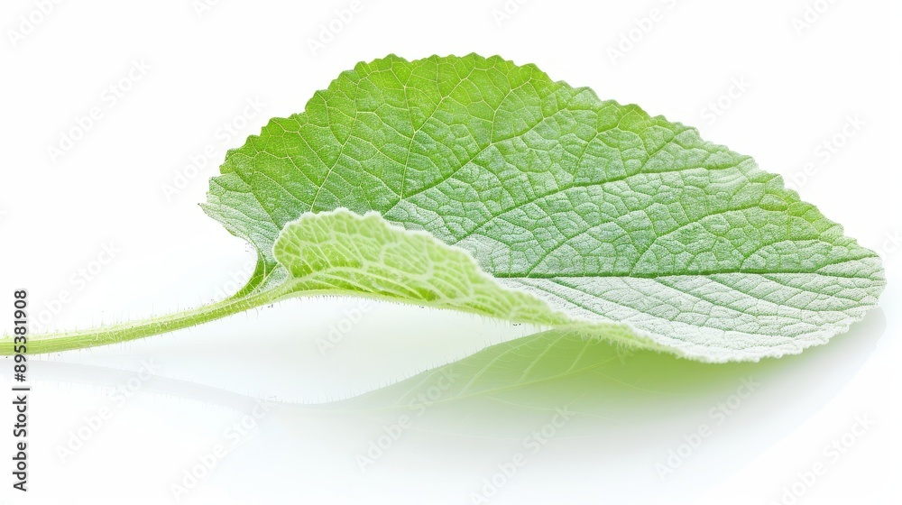 Obraz premium A leaf is shown in a close up on a white background