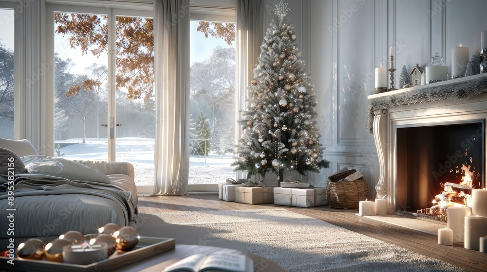 Fototapeta premium A cozy living room with a crackling fireplace and a towering Christmas tree adorned with twinkling lights and ornaments.