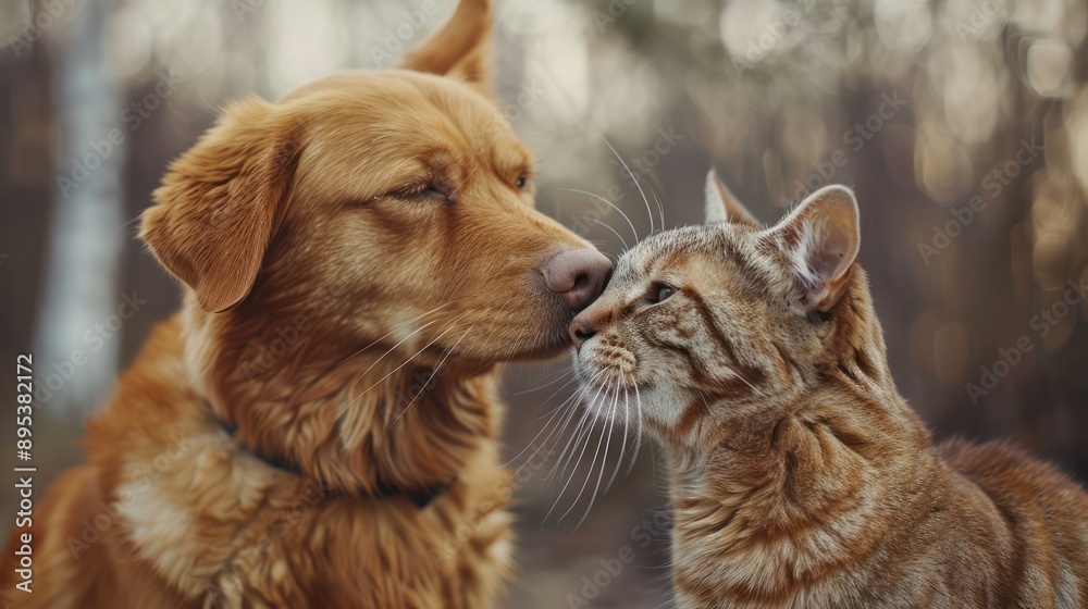 Fototapeta premium Dog enjoying a head scratch from a friendly orange tabby cat