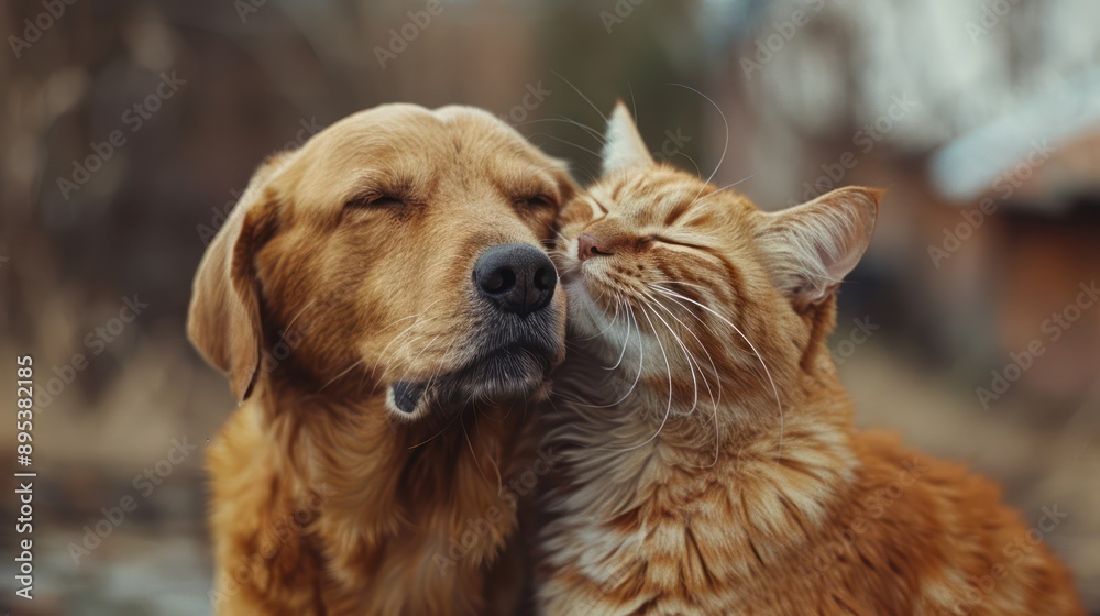Dog enjoying a head scratch from a friendly orange tabby cat Dog enjoying a head scratch from a friendly orange tabby cat