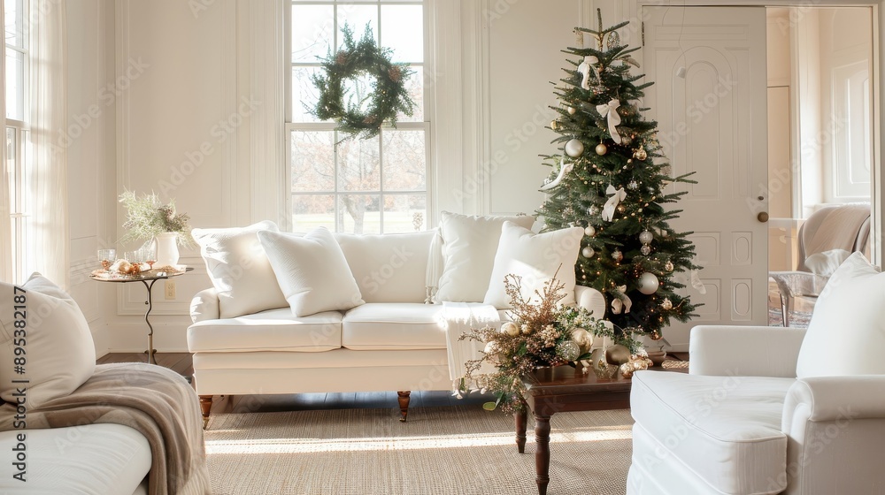 Fototapeta premium A Victorian-inspired living room with a majestic Christmas tree adorned with antique ornaments.