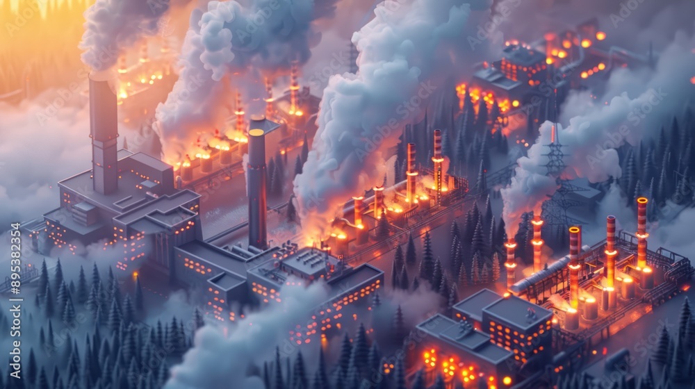 Vector illustration Isometric view Industrial emissions of toxic gases with trees all around Vector illustration Isometric view Industrial emissions of toxic gases with trees all around
